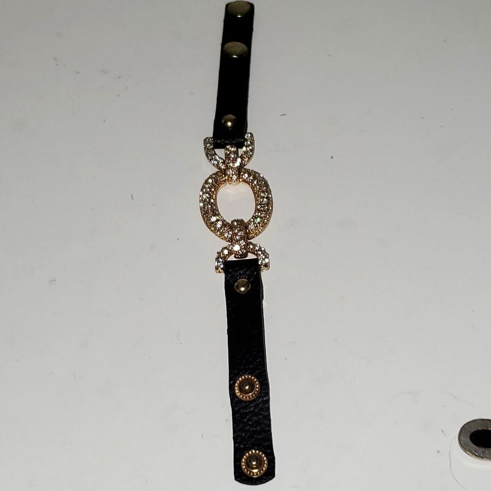 A Natasha Blinging Bracelet Faux Leather Snap Strap Gold Tone Sparkly Crystal